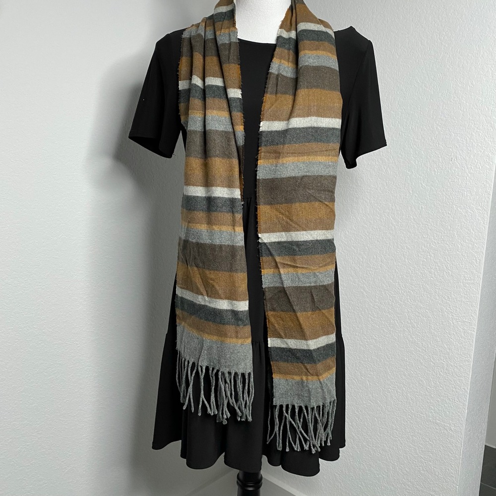 Striped Acrylic Scarf Shawl Fringed Tan Brown Grey White Made in Germany‎ Unisex